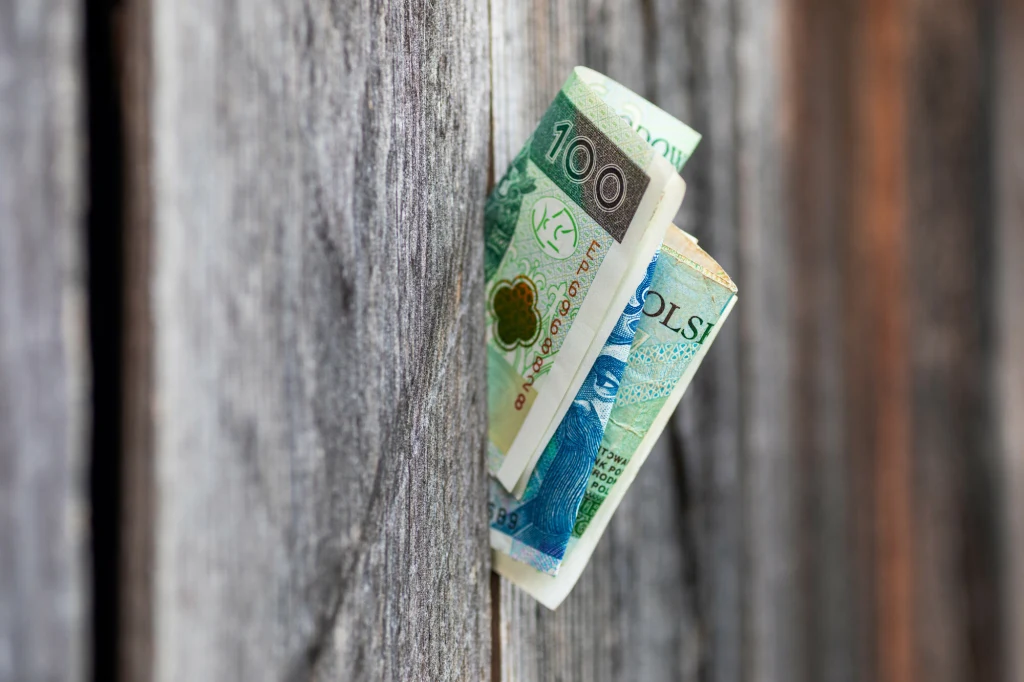 Banknoty polskich złotych wetknięte w szczelinę starej, szarej drewnianej ściany.