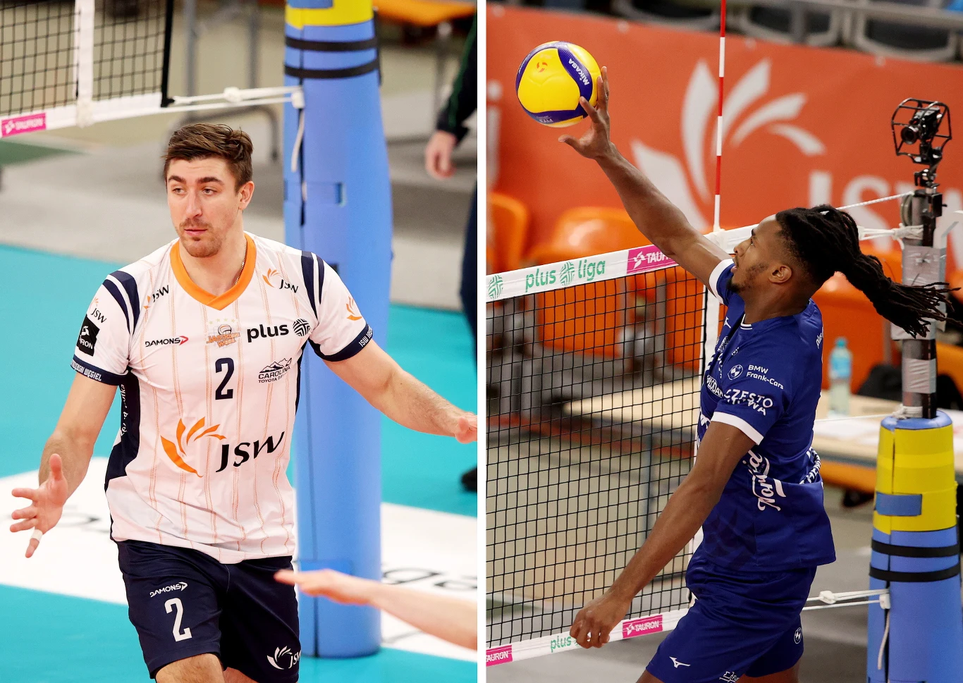 JSW Jastrzębski Węgiel grał ze Steam Hemarpol Politechniką Częstochowa w 9. kolejce PlusLigi Dwóch zawodników na boisku siatkarskim podczas rozgrywki. Po lewej stronie siatkarz w biało-pomarańczowej koszulce przygotowuje się do akcji, po prawej stronie zawodnik w niebieskim stroju wykonuje zagrywkę tuż przy siatce. W tle widoczne są elementy h...