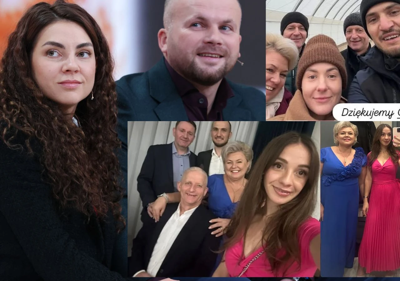 Kilka portretów różnych osób w różnym wieku, uśmiechnięte twarze, osoby pozujące do zdjęć zarówno indywidualnie, jak i grupowo. Wyglądają na zadowolonych, ubrani elegancko i codziennie, pojawia się tekst 'Dziękujemy'.