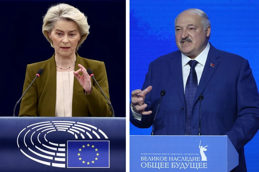 Von der Leyen zapowiada sankcje przeciwko Białorusi po serii incydentów na Litwie Dwie osoby wygłaszające przemówienia z mównic podczas oficjalnych wydarzeń, po lewej kobieta na tle flagi Unii Europejskiej, po prawej mężczyzna na tle niebieskiego ekranu z rosyjskim napisem.