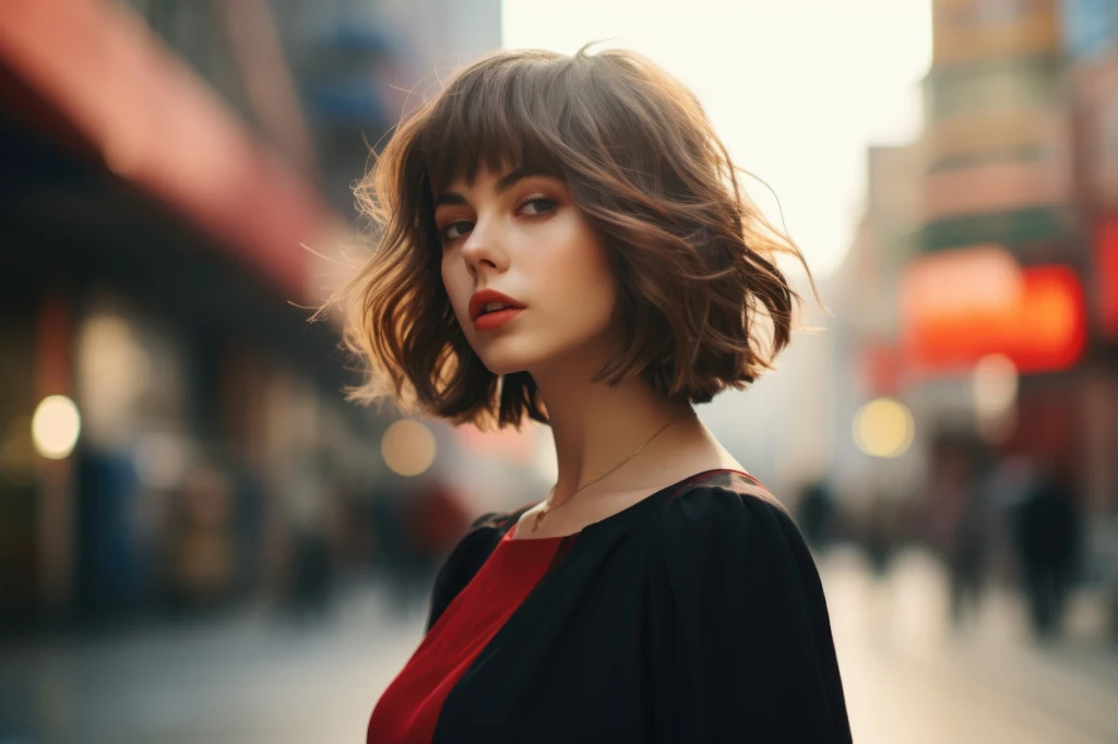 Francuski bob pozostaje w modzie Młoda kobieta o krótkich, brązowych włosach stoi na tętniącej życiem ulicy miasta, ubrana w elegancką sukienkę w odcieniach czerwieni oraz czerni, z wyrazistym makijażem, patrząc pewnie w stronę aparatu.
