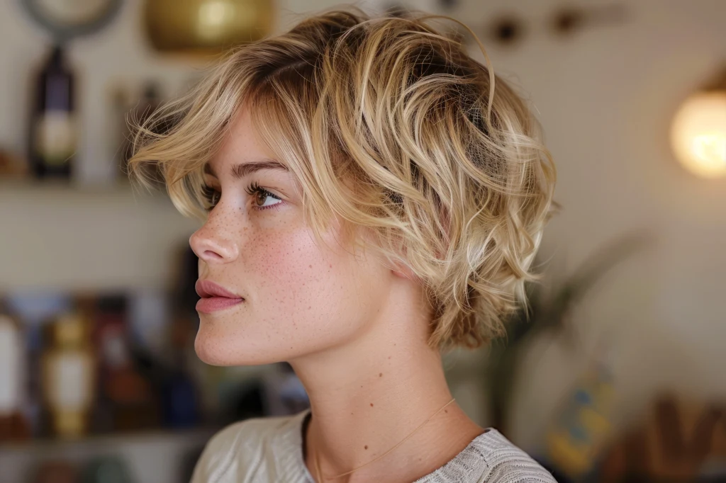 Bixie może mieć różną długość, istotne by włosy sprawiały wrażenie "potarganych" Młoda kobieta o krótkich, jasnych, falowanych włosach patrząca w lewo, w tle rozmyte elementy wnętrza.