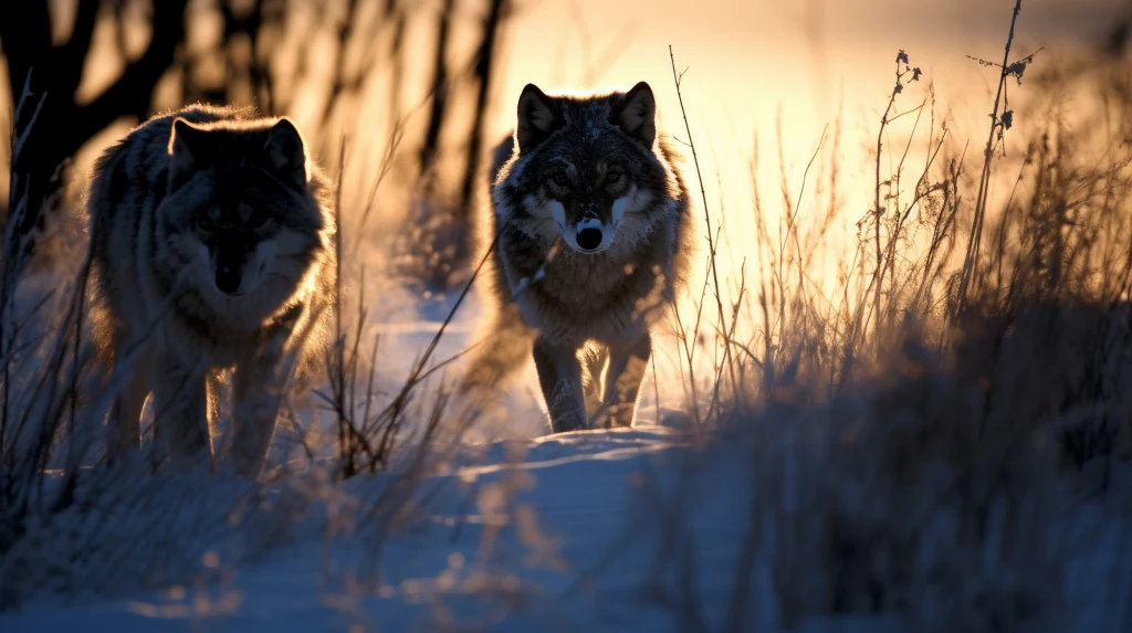 Dwa wilki przemierzające zimowy krajobraz wśród suchych traw, oświetlone ciepłym światłem wschodzącego słońca, z tłem rozmytym przez miękkie promienie.