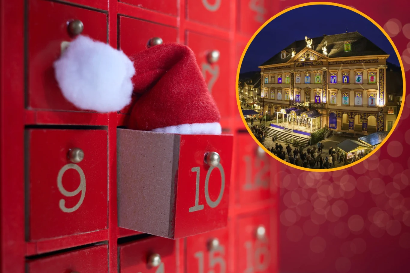 Największy kalendarz adwentowy na świecie znajduje się u naszych zachodnich sąsiadów. Tradycja sięga lat 90. XX wieku Kalendarz adwentowy z otwartą szufladką ozdobioną czapką Mikołaja na tle czerwonych pól z numerami oraz wkomponowany w prawym górnym rogu okrągły kadr przedstawiający zabytkowy budynek miejskiego ratusza efektownie oświetlonego podczas nocnej imprezy ś...