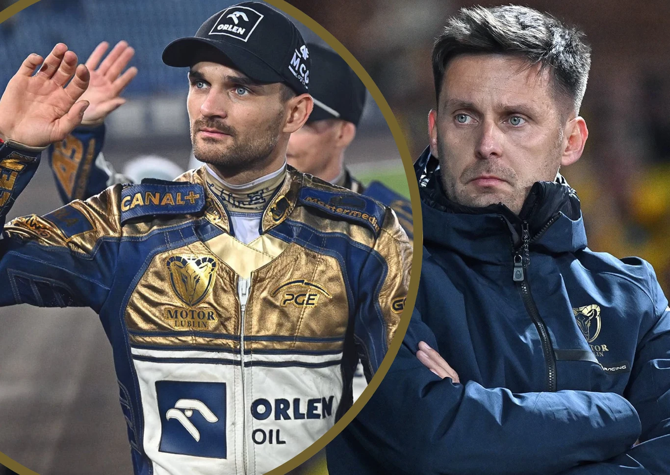Prezes Jakub Kępa zabrał głos ws. przyszłości Bartosza Zmarzlika w Orlen Oil Motorze Lublin. Dwaj mężczyźni powiązani ze sportem żużlowym, po lewej zawodnik w stroju klubowym i czapeczce, unosi rękę w geście powitania lub pozdrowienia, po prawej trener lub członek sztabu w kurtce z logo drużyny uważnie obserwuje sytuację.