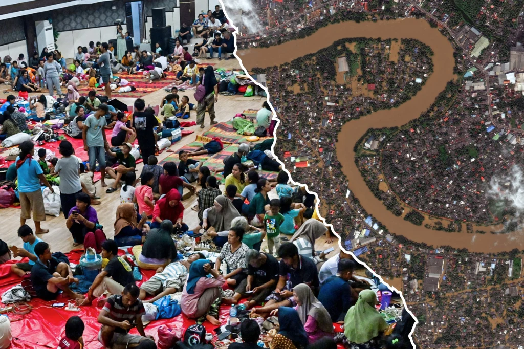 Powodzie i lawiny błotne w południowo-wschodniej Azji pochłonęły już ponad 1300 ofiar. W samej Indonezji zginęło ponad 700 osób Tłum ludzi zgromadzony na podłodze dużego budynku, wśród koców oraz rzeczy osobistych, obok widok z lotu ptaka na miasto przecięte podtopioną rzeką, pokazujący skutki powodzi.