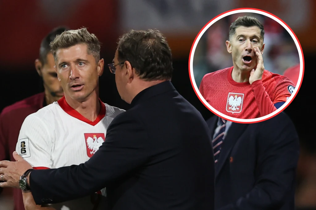 Piłkarz w białej koszulce z orłem na piersi, otoczony przez ludzi w garniturach na tle stadionu, na grafice w rogu widoczny ten sam piłkarz w czerwonej koszulce, krzyczący z dłonią przy ustach.