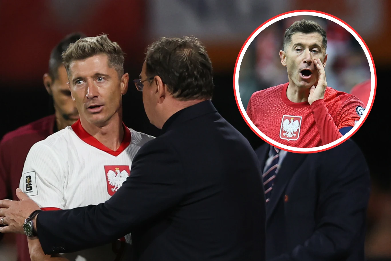 Piłkarz w białej koszulce z orłem na piersi, otoczony przez ludzi w garniturach na tle stadionu, na grafice w rogu widoczny ten sam piłkarz w czerwonej koszulce, krzyczący z dłonią przy ustach.