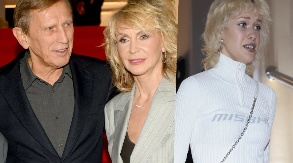 Jan Englert, Beata Ścibakówna i Helena Englert Para ubrana elegancko stoi razem na tle czerwonego dywanu, obok młoda blond kobieta w białym golfie i jasnych włosach, patrząca w bok i wyrażająca emocje mimiką twarzy.