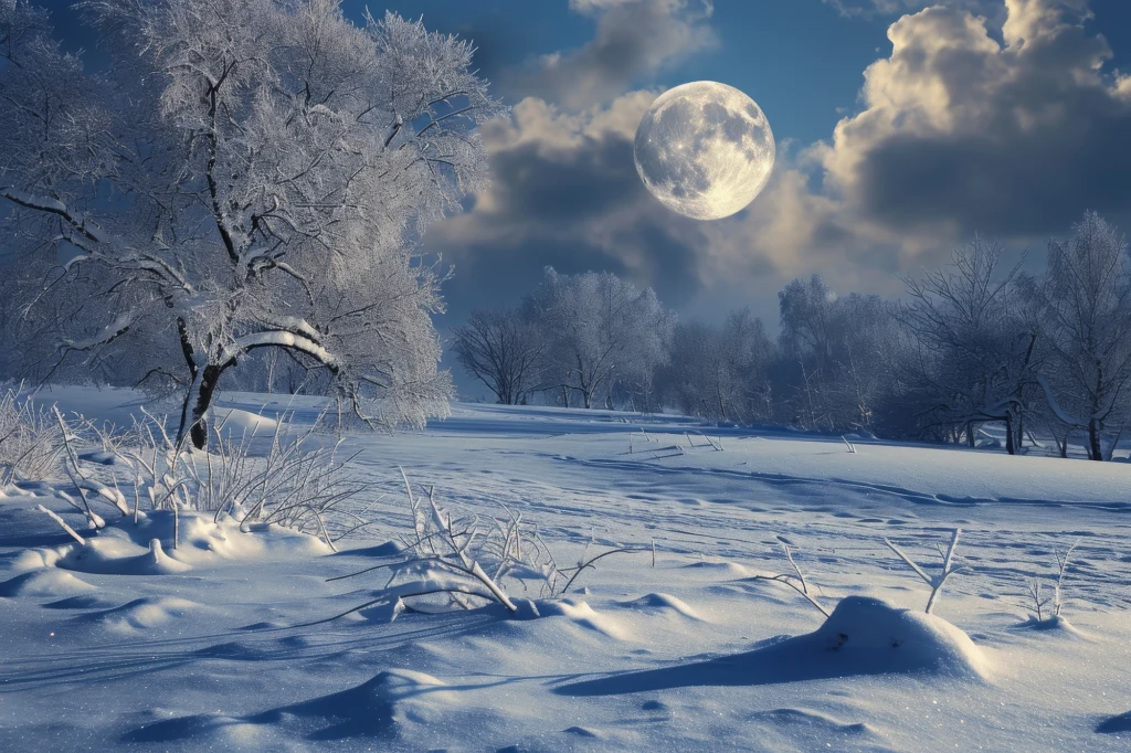 Śnieżny krajobraz z oszronionymi drzewami oświetlonymi przez pełnię księżyca. Na niebie widoczne są ciemne chmury, a spokojna przestrzeń podkreślona zimową ciszą. Gałęzie drzew pokryte grubą warstwą śniegu, a na pierwszym planie widoczne są ślady i wyb...