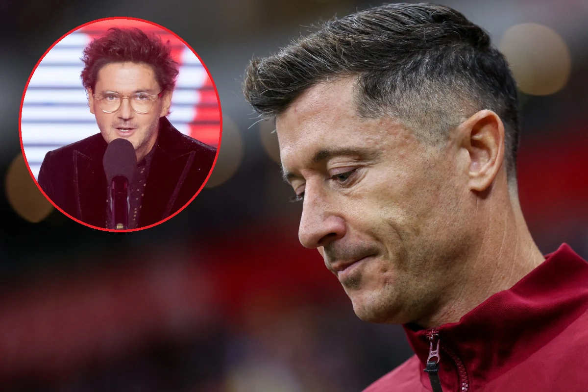 Wojewódzki, Lewandowski Zbliżenie mężczyzny w bordowej kurtce z krótkimi, ciemnymi włosami, pochylonego w zamyśleniu, na tle rozmytego stadionu. W lewym górnym rogu znajduje się okrągła wstawka z drugą postacią – mężczyzną w okularach, ubranym w czarną marynarkę i trzymającym...