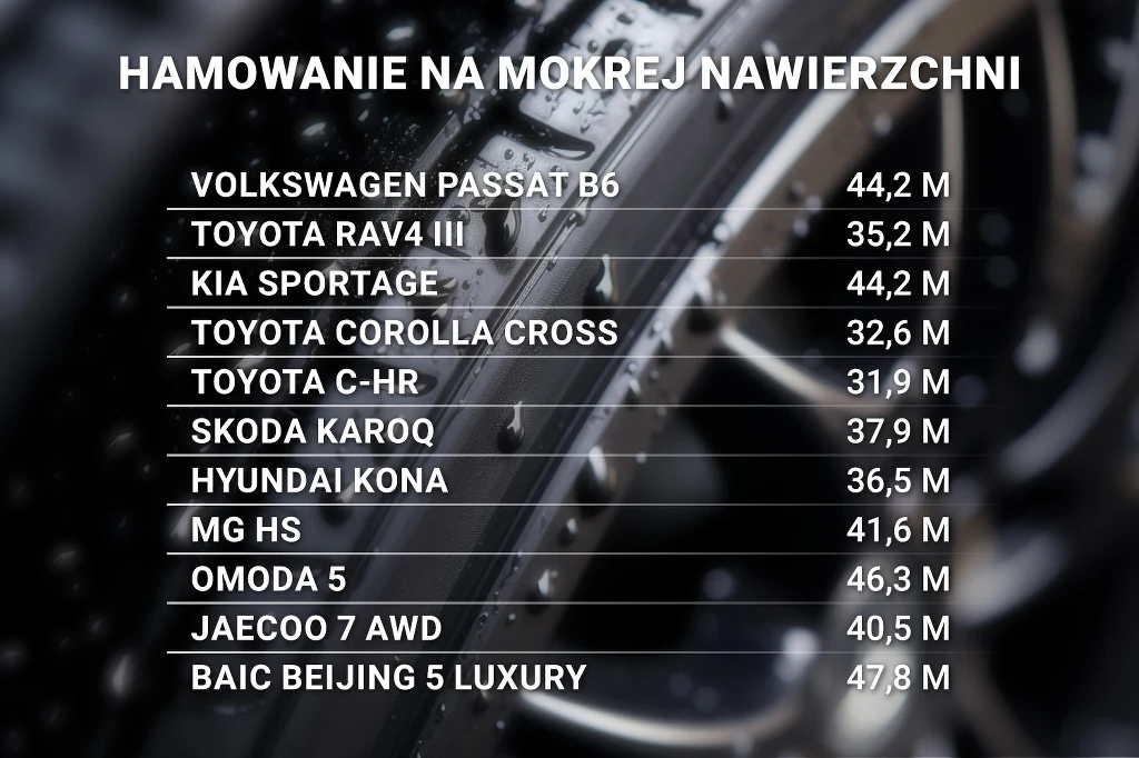 Tabela prezentuje porównanie długości drogi hamowania różnych modeli samochodów osobowych na mokrej nawierzchni. W tle widoczne jest zbliżenie na oponę samochodową ze śladem wody.