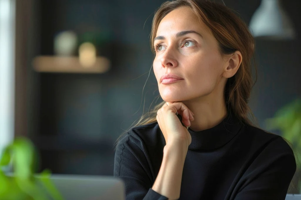 Kobieta o jasnej cerze i długich, jasnobrązowych włosach spogląda zamyślona w dal, podpierając brodę dłonią. Ubrana w czarny golf, siedzi w jasnym, nowoczesnym wnętrzu. Na pierwszym planie widoczna jest zielona roślina.