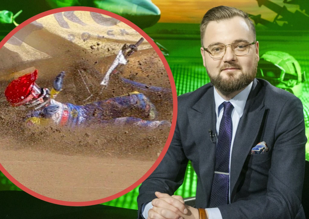 Łukasz Gałczyński, czyli z PiS do Stali Gorzów. A to tylko jedna ze zmian w klubie. Niektórzy już wieszczą Stali upadek. Mężczyzna w garniturze i okularach siedzi przy stole na tle zielonej grafiki. W lewym górnym rogu znajduje się okrągłe wstawienie ukazujące zawodnika żużlowego po wypadku, leżącego w piasku ze zniszczonym motocyklem obok.