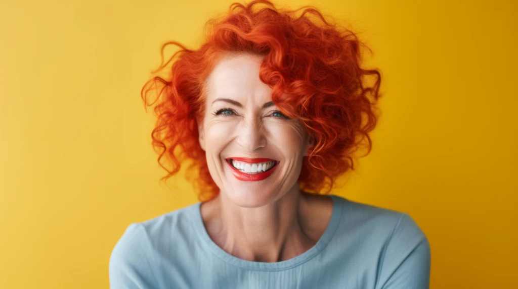 Kobieta o kręconych, rudych włosach i szerokim uśmiechu, ubrana w jasnoniebieską bluzkę, stoi na tle intensywnie żółtej ściany.