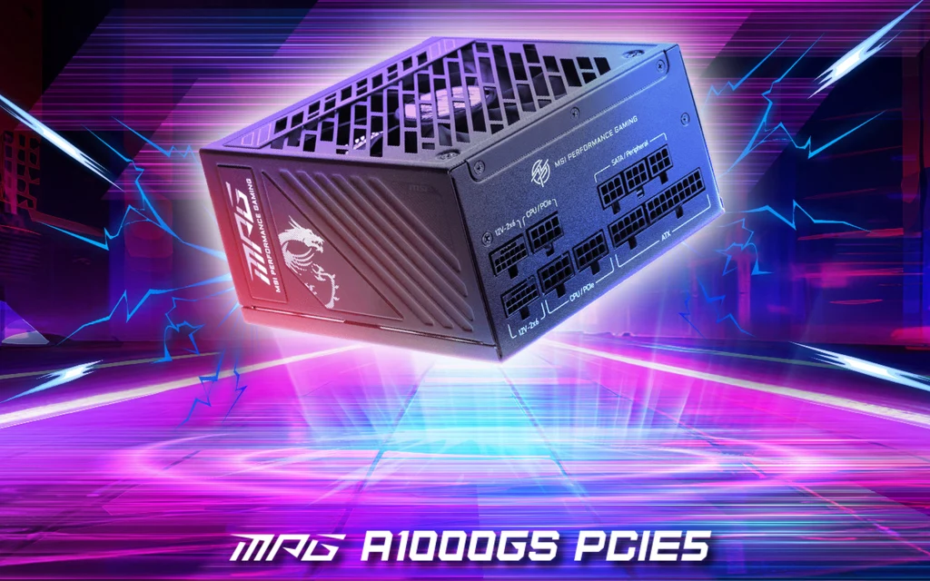 Zasilacz komputerowy MSI MPG A1000G z wyraźnie widocznym oznaczeniem modelu oraz złączami modularnymi, umieszczony na tle dynamicznych, neonowych świateł i futurystycznej grafiki.