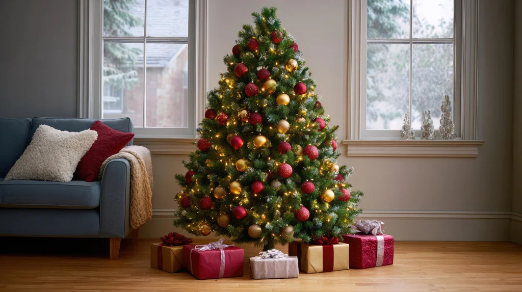 Ozdobiona choinka z kolorowymi bombkami i światełkami ustawiona przy oknie w salonie. Pod drzewkiem leży kilka starannie zapakowanych prezentów, a obok stoi niebieska sofa z jasną poduszką.