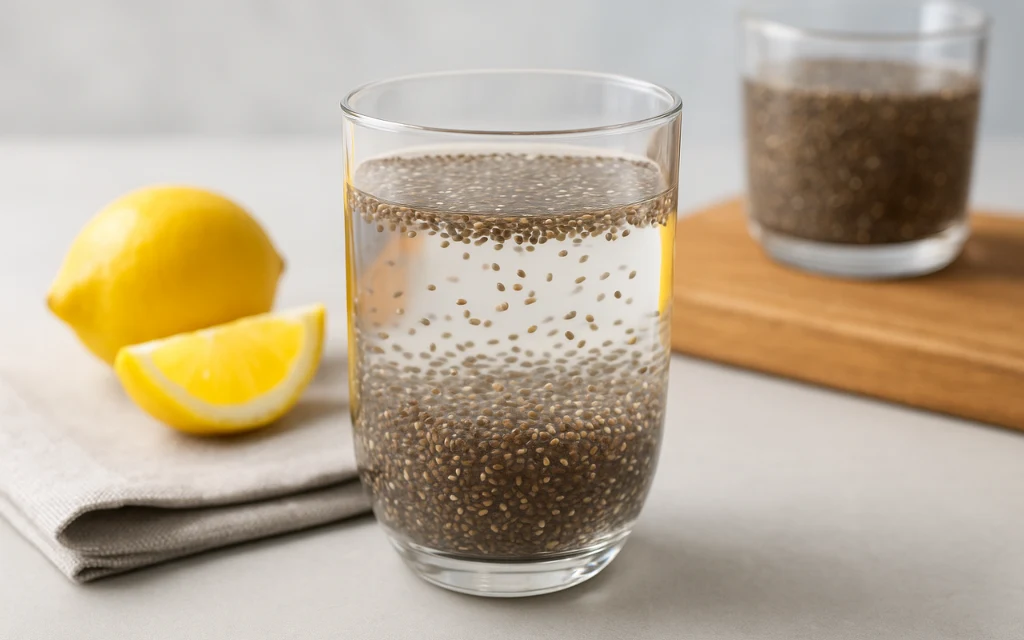 Szklanka wody z nasionami chia - prosty poranny rytuał na lekkość i lepsze trawienie