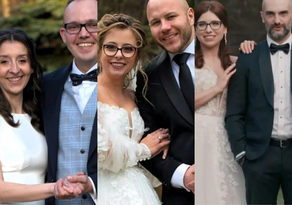 Uczestnicy 11. sezonu "Ślub od pierwszego wejrzenia" Trzy pary ubrane odświętnie, każda pozuje do ślubnego portretu, mężczyźni w garniturach, kobiety w białych sukniach, uśmiechnięci i trzymający się za ręce.