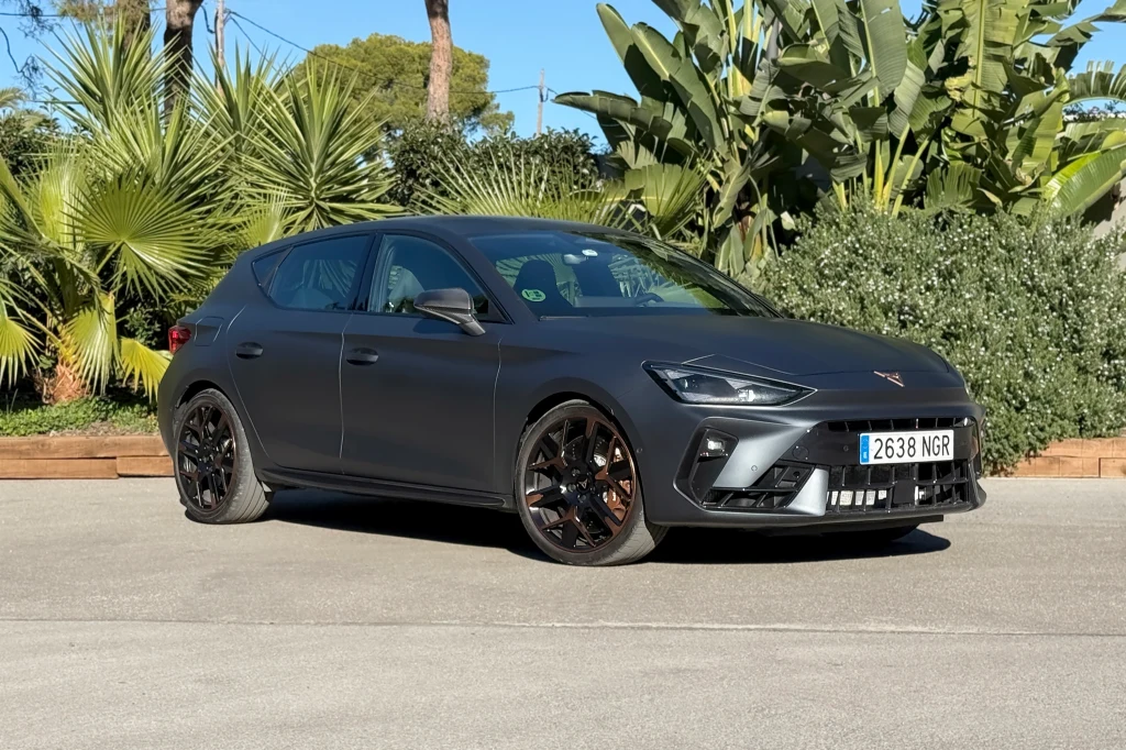 Czarny sportowy samochód typu hatchback stoi zaparkowany na asfalcie, na tle egzotycznych zielonych roślin i palm. Tło stanowią gęste krzewy oraz niska drewniana palisada oddzielająca pas zieleni od ulicy.