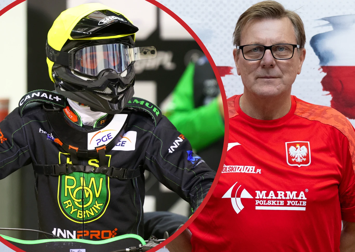 Z lewej strony motocyklista ubrany w strój i kask żużlowy z oznaczeniami klubu ROW Rybnik, z prawej mężczyzna w czerwonej koszulce z godłem Polski oraz napisami dotyczącymi polskiego żużla, w tle rozmazana flaga Polski.