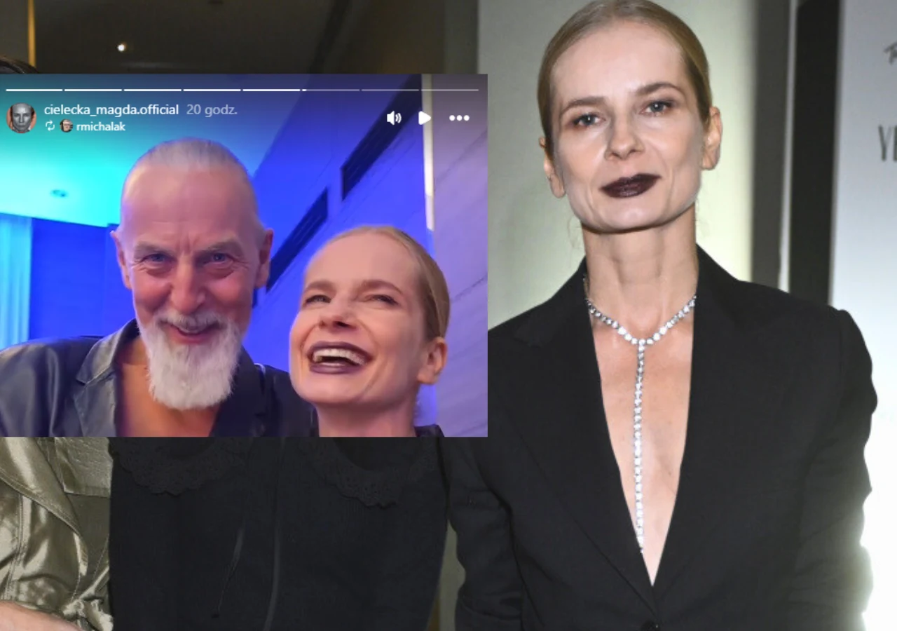 Kobieta w eleganckiej czarnej marynarce z głębokim dekoltem, ozdobiona srebrnym naszyjnikiem na szyi oraz ciemną szminką na ustach. Obok widoczna jest wstawka z mediów społecznościowych, na której kobieta uśmiecha się wraz z mężczyzną o siwych włosach ...