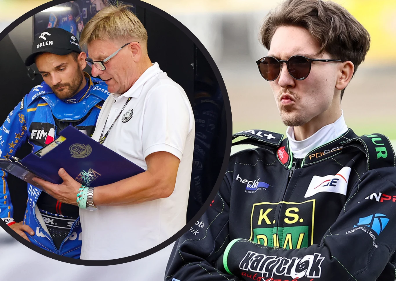 Maksym Drabik zignorował nowego selekcjonera Żużlowej Reprezentacji Polski. Dwóch mężczyzn w sportowych ubraniach rozmawia i analizuje dokumenty, trzymając segregator. Obok młody mężczyzna w sportowym kombinezonie z logotypami sponsorów oraz okularach przeciwsłonecznych, z poważnym wyrazem twarzy.