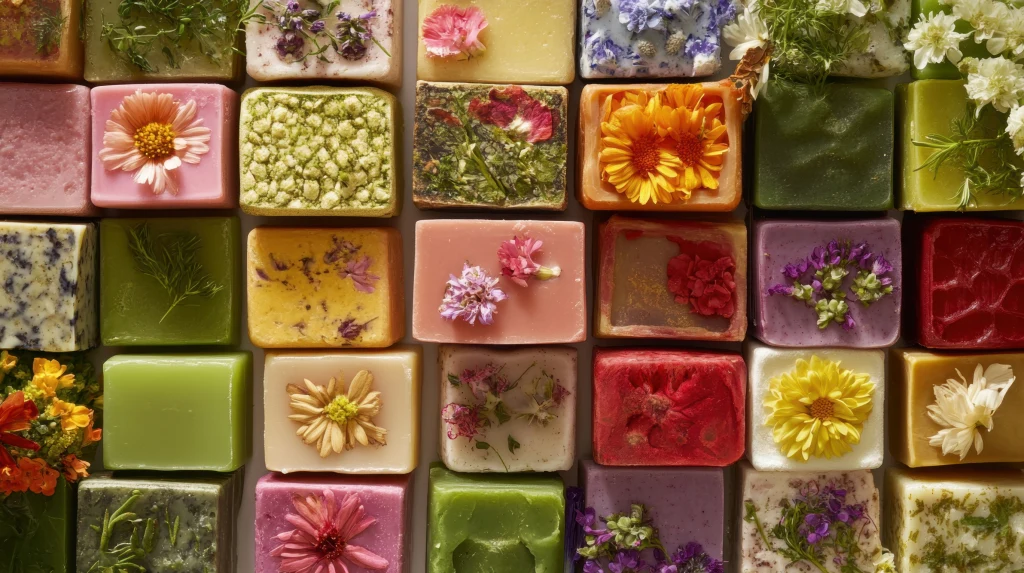 Własnoręcznie wykonane mydła mogą stać się upominkiem pod choinkę Kolorowe, prostokątne kostki mydła z zatopionymi suszonymi kwiatami i ziołami, starannie ułożone w równych rzędach, różnorodne barwy i tekstury tworzą estetyczną kompozycję.