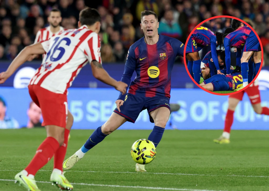 Robert Lewandowski nie wykorzystał rzutu karnego wywalczonego przez Daniego Olmo. Ten w drugiej połowie doznał bolesnej kontuzji (w kółeczku) Robert Lewandowski w barwach FC Barcelony prowadzi piłkę podczas meczu z zawodnikiem Atlético Madryt. W tle widoczni kibice i fragment boiska, a w powiększeniu piłkarze Barcelona obchodzący sytuację na murawie.