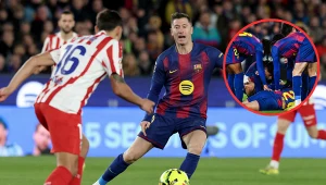 Robert Lewandowski nie wykorzystał rzutu karnego wywalczonego przez Daniego Olmo. Ten w drugiej połowie doznał bolesnej kontuzji (w kółeczku)