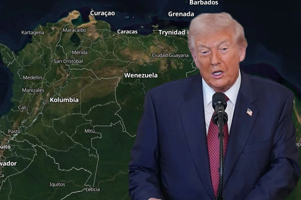 Kolumbia. Donald Trump wziął na celownik sąsiada Wenezueli Mężczyzna w garniturze i czerwonym krawacie przemawia na tle mapy politycznej Ameryki Południowej z widocznymi nazwami państw, takich jak Kolumbia, Wenezuela, Trynidad i Tobago oraz Curaçao.
