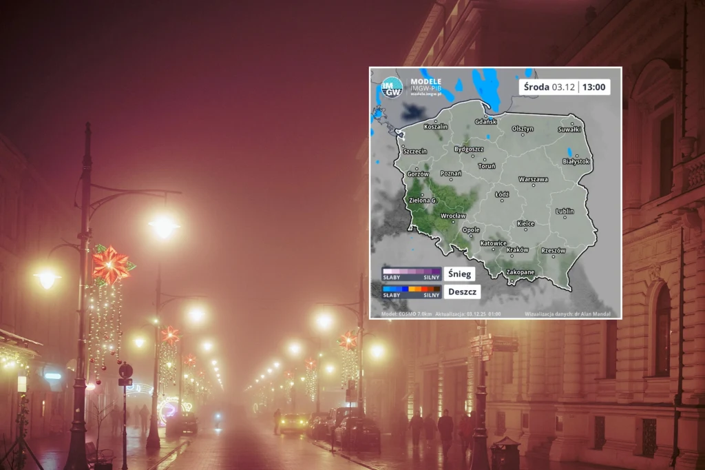 Mglista ulica z jasnymi latarniami ozdobionymi świątecznymi gwiazdami, częściowo przysłonięta przez gęstą mgłę. Na pierwszym planie znajduje się wstawka z prognozą pogody pokazującą mapę Polski z zaznaczonymi opadami śniegu i deszczu.