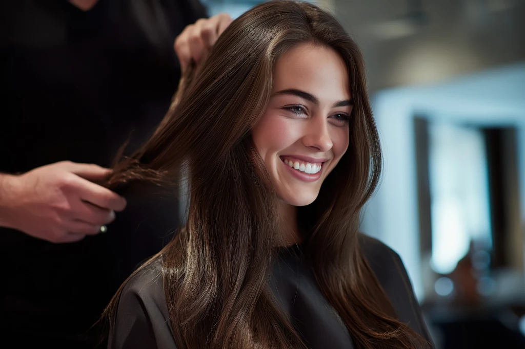 Młoda kobieta z długimi, lśniącymi włosami uśmiecha się szeroko podczas wizyty u fryzjera, który delikatnie układa jej włosy.