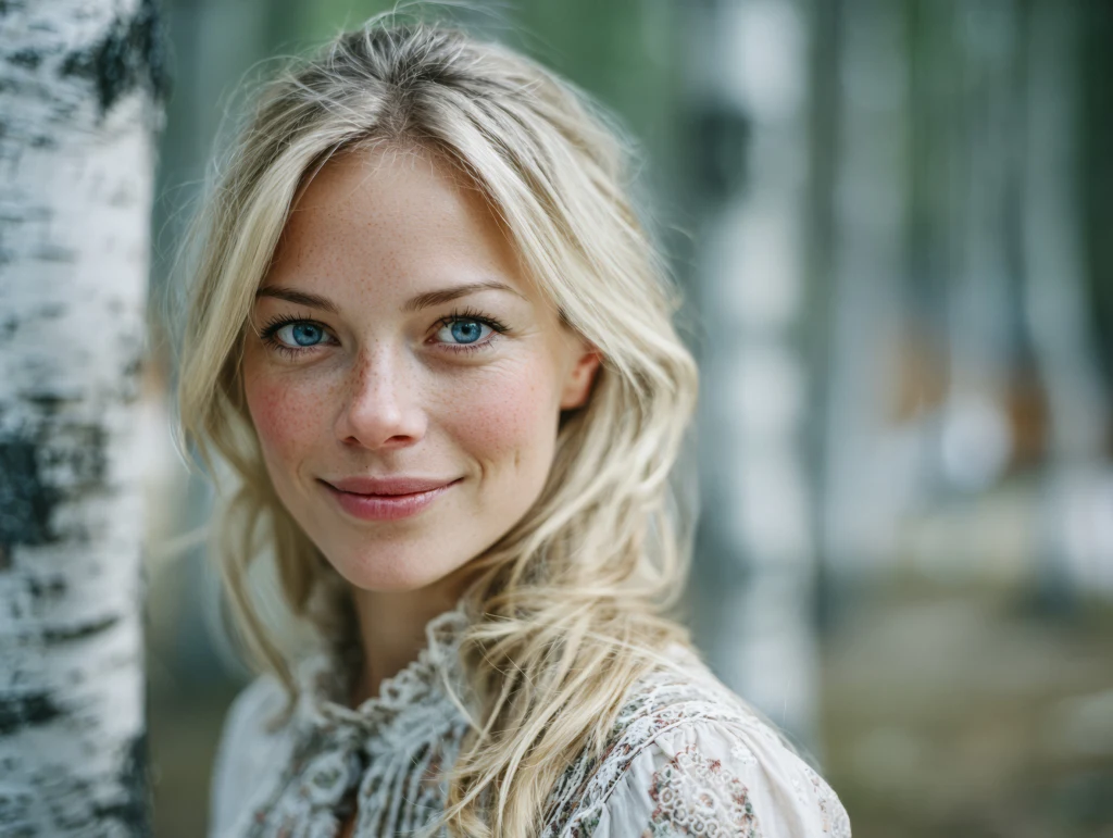 Młoda kobieta o jasnych włosach i niebieskich oczach uśmiecha się subtelnie, stojąc na tle brzozowego lasu. Na sobie ma koronkową bluzkę w stylu vintage. Jej twarz jest lekko oświetlona, a tło rozmyte, podkreślając naturalne piękno i spokój otoczenia.