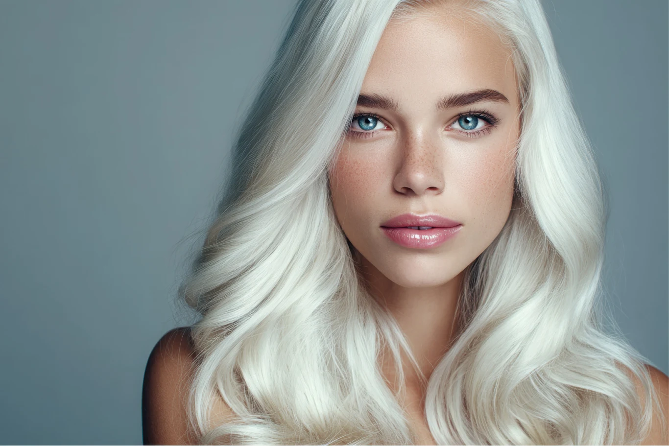 Kobieta o długich, jasnoplatformowych, lśniących włosach i jasnej cerze, o wyraźnych niebieskich oczach i delikatnym makijażu, patrząca prosto w obiektyw na jednolitym, szarym tle.