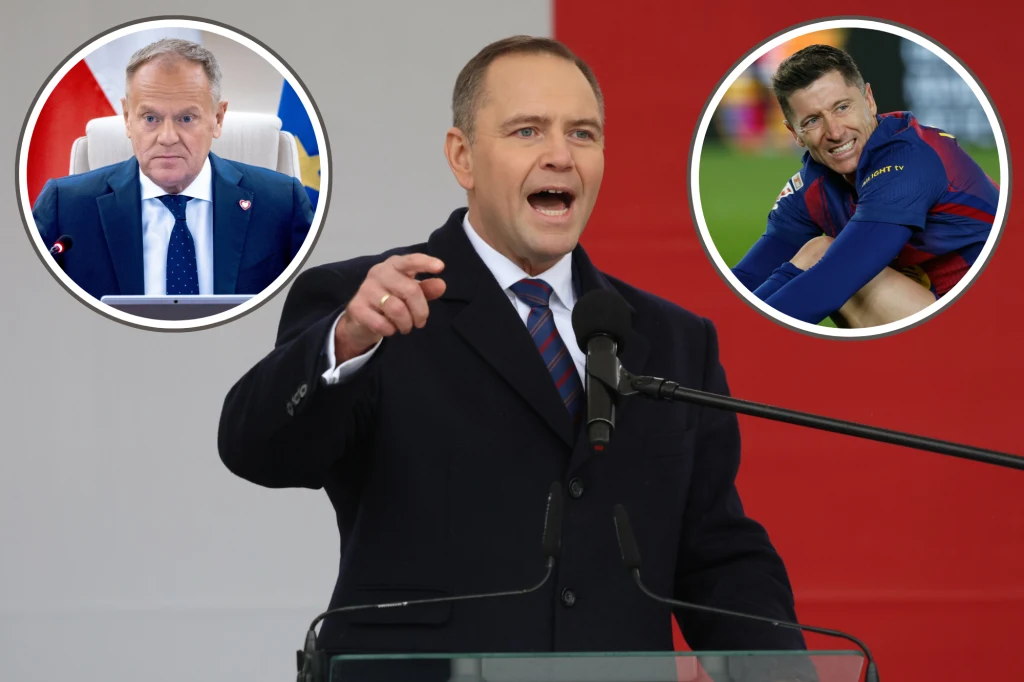 Na zdjęciu premier Donald Tusk, prezydent Karol Nawrocki oraz reprezentant Polski Robert Lewandowski Polityk stojący przy mównicy, gestykulujący podczas przemówienia, w tle dwie wstawki z wizerunkami innych mężczyzn – jeden przy stole konferencyjnym, drugi w sportowym stroju na boisku.