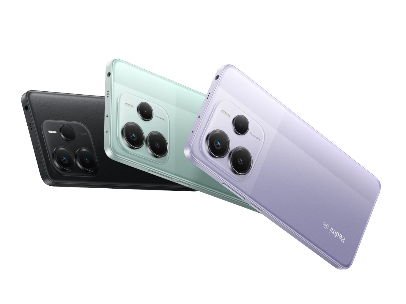 REDMI Note 14 5G Trzy nowoczesne smartfony w różnych kolorach – czarnym, miętowym i fioletowym – zaprezentowane w układzie warstwowym tylną stroną, z wyeksponowanymi aparatami fotograficznymi.