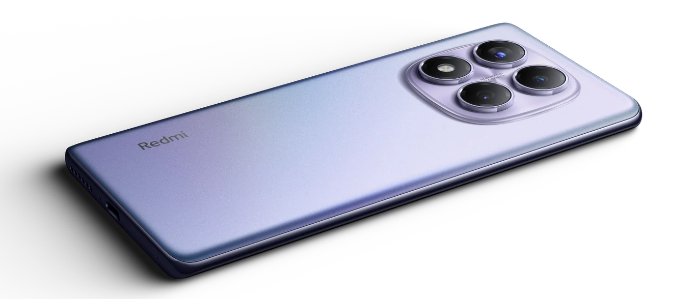 R Note 14 Pro Nowoczesny smartfon Redmi o fioletowej, matowej powierzchni, wyposażony w duży moduł z trzema obiektywami i lampą błyskową w rogu obudowy.