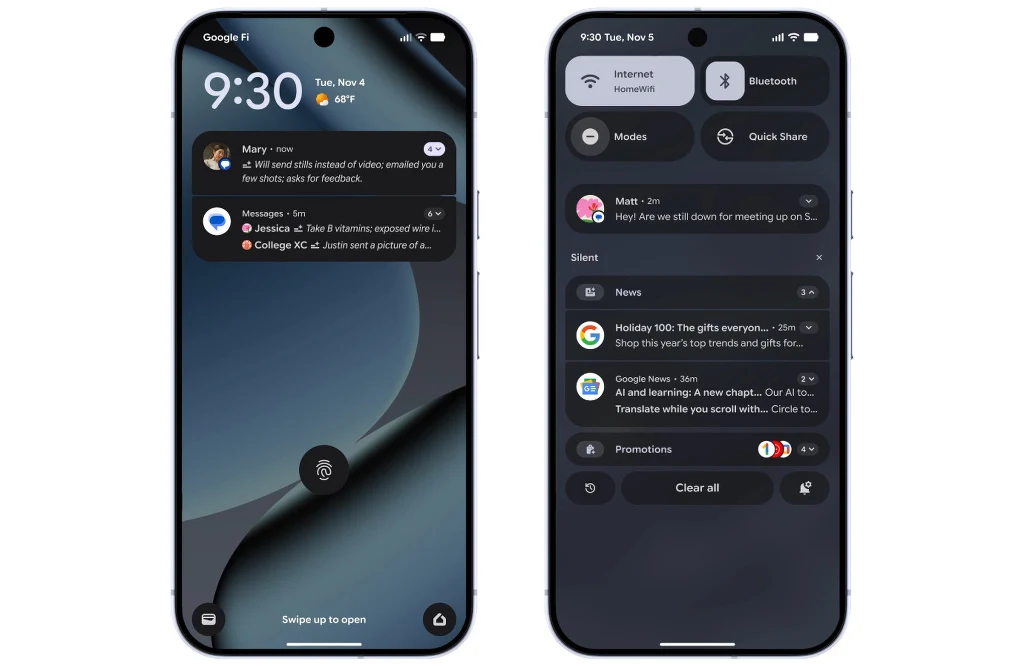 Inteligentne podsumowywanie i grupowanie powiadomień na Androidzie 16 Dwa smartfony z włączonymi ekranami, na których widoczne są powiadomienia systemowe, widgety pogodowe oraz ikony powiadomień w górnej części ekranu. Interfejs utrzymany w ciemnej kolorystyce, dominuje motyw minimalistyczny.