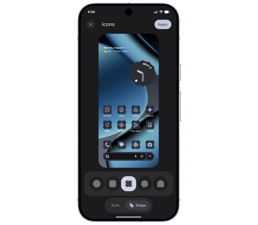 Możesz teraz lepiej dostosować wygląd swojego ekranu głównego, wybierając niestandardowe kształty ikon Ekran smartfona z otwartą aplikacją do personalizacji ikon, widoczny podgląd układu ikon i możliwość wyboru stylu oraz kształtu ikon. Na pierwszym planie wyświetla się ciemny motyw graficzny z nowoczesnym zegarem.