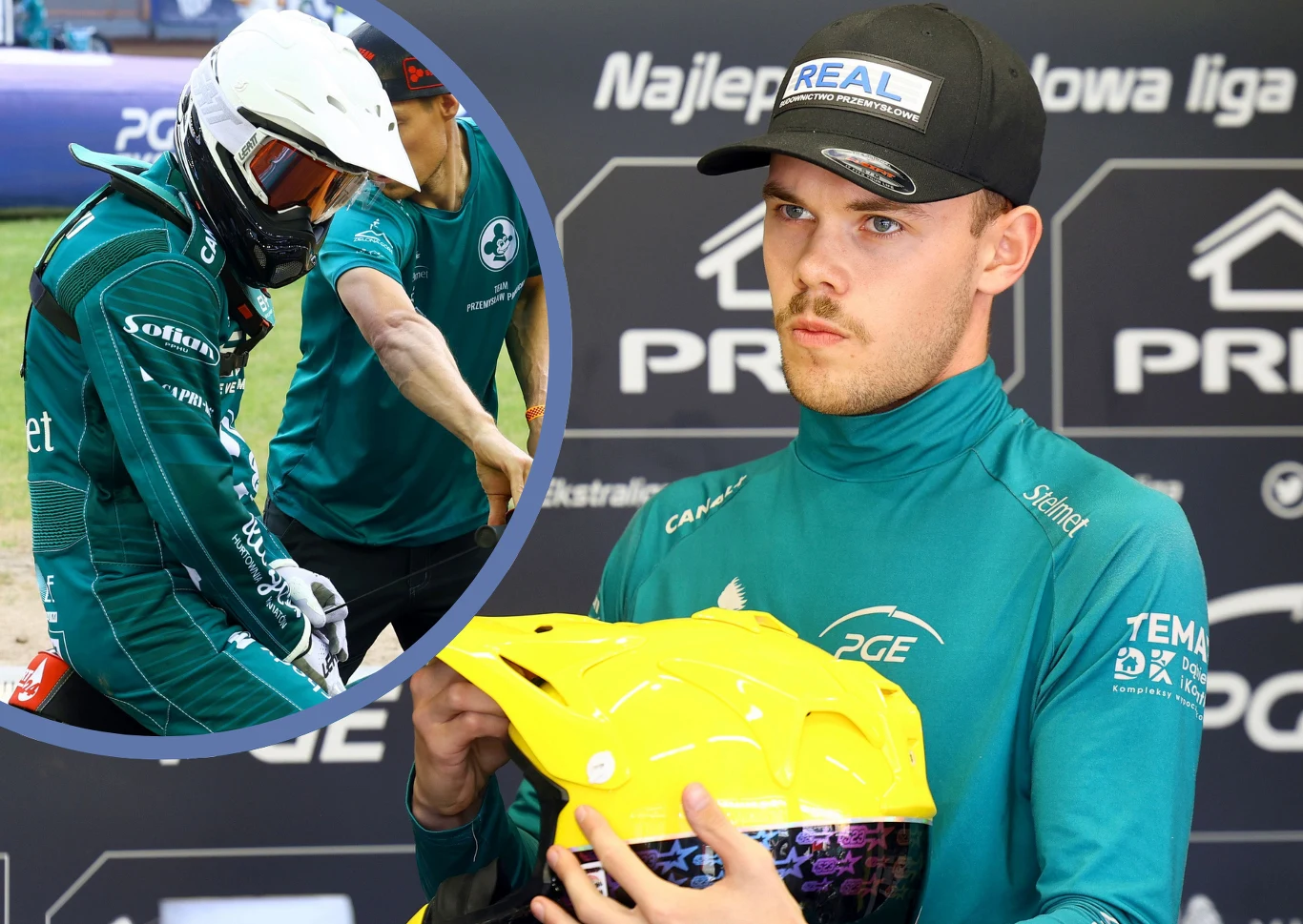 Stelmet Falubaz Zielona Góra w przyszłym roku liczy na medal. To mogłoby oznaczać spory zastrzyk gotówki Zawodnik w zielonym kombinezonie żużlowym trzyma w rękach żółty kask, obok znajduje się okrągłe wstawienie pokazujące tę samą osobę w trakcie przygotowań do jazdy na motocyklu żużlowym.
