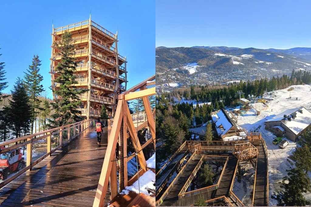 Drewniana ścieżka w koronach drzew prowadzi do wysokiej, wielopiętrowej wieży widokowej otoczonej przez zaśnieżone drzewa i górski krajobraz. Panoramiczny widok ukazuje rozległe góry, las oraz zimowy kurort z zabudowaniami.