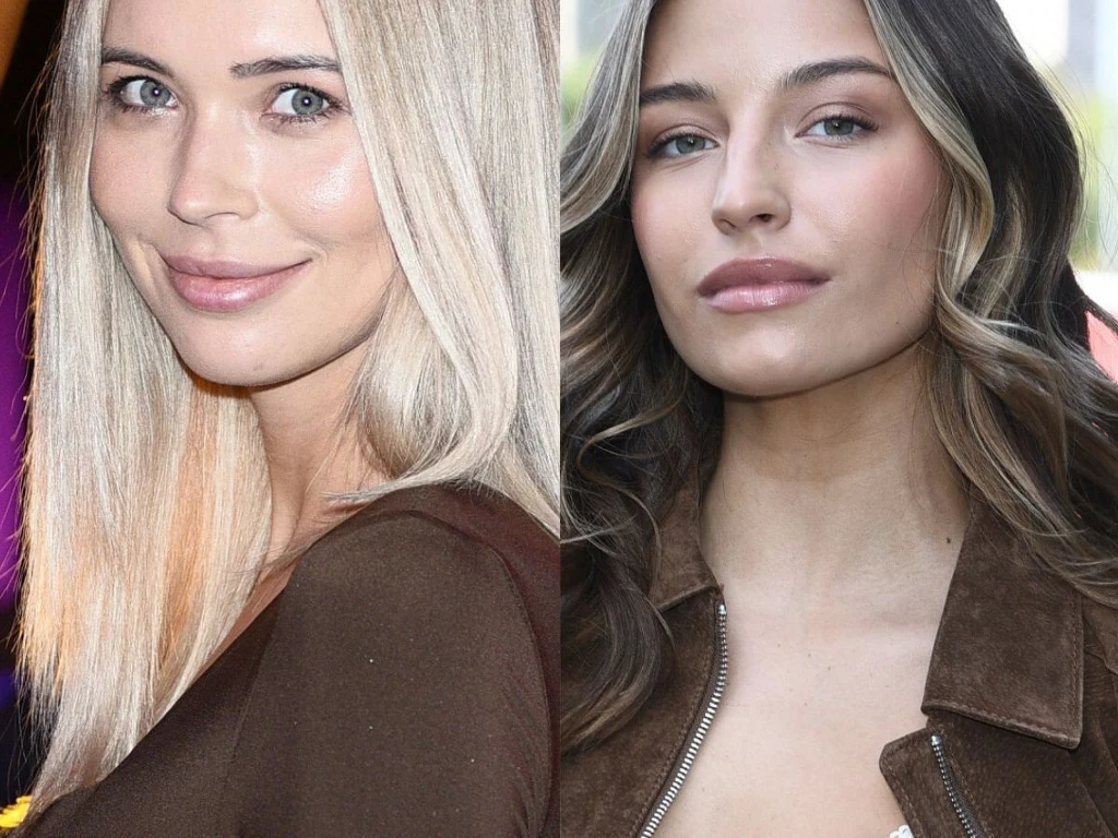 Sandra Kubicka, Julia Wieniawa Dwie kobiety z długimi włosami, jedna o blond włosach w brązowej bluzce, druga o ciemniejszych włosach z jasnymi pasemkami w brązowej kurtce, obie patrzą w stronę obiektywu i uśmiechają się subtelnie.