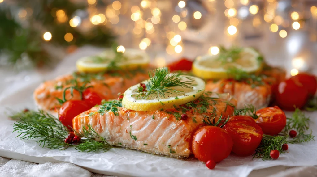 Świeżo upieczone filety z łososia udekorowane plasterkami cytryny, świeżym koperkiem oraz otoczone pomidorkami koktajlowymi. W tle rozmyte światełka, które tworzą przytulny, świąteczny nastrój.