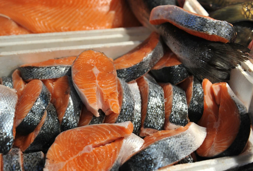 Plastry świeżego łososia ułożone w pojemniku, z widoczną błyszczącą skórą i intensywnie pomarańczowym mięsem.