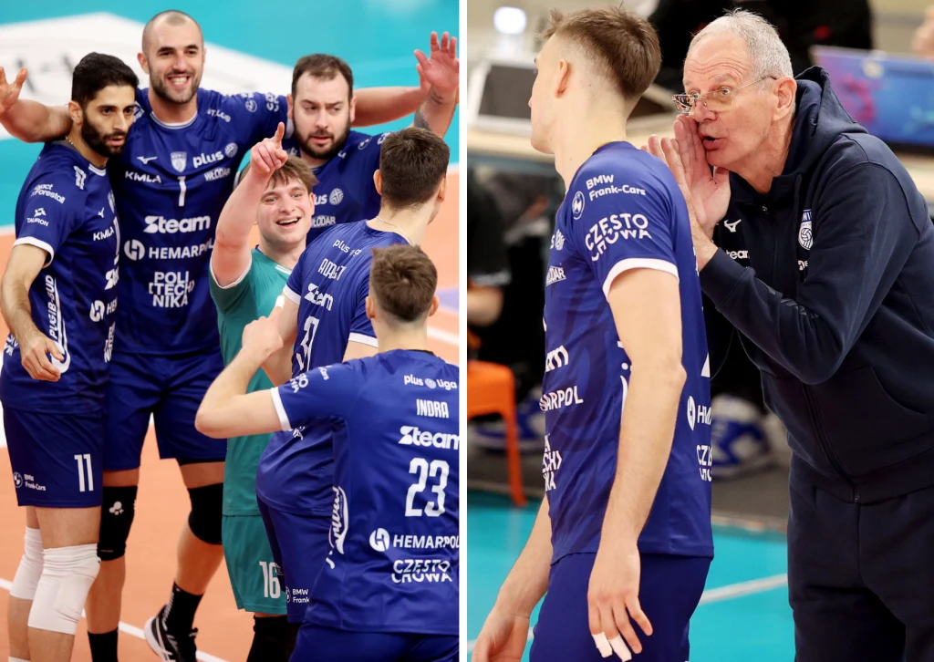 Siatkarze drużyny w niebieskich strojach świętują zdobycie punktu na boisku, podczas gdy trener przekazuje wskazówki zawodnikowi na bocznej linii.