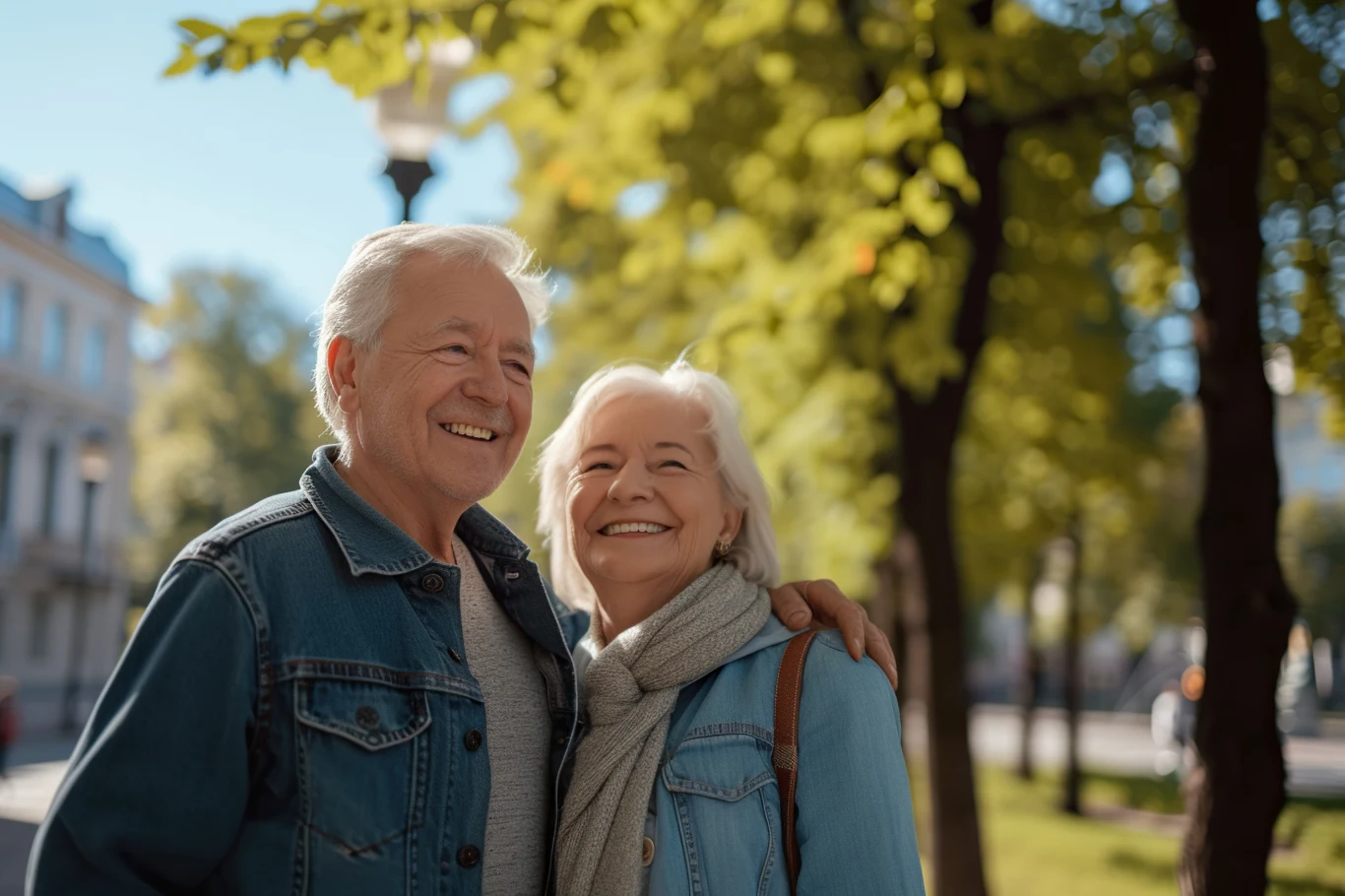 Czy imię ma wpływ na życie? Starsza para uśmiecha się radośnie podczas spaceru po zielonej, słonecznej alejce, ubrani w codzienne ubrania, wokół widoczne są drzewa i miejskie budynki.