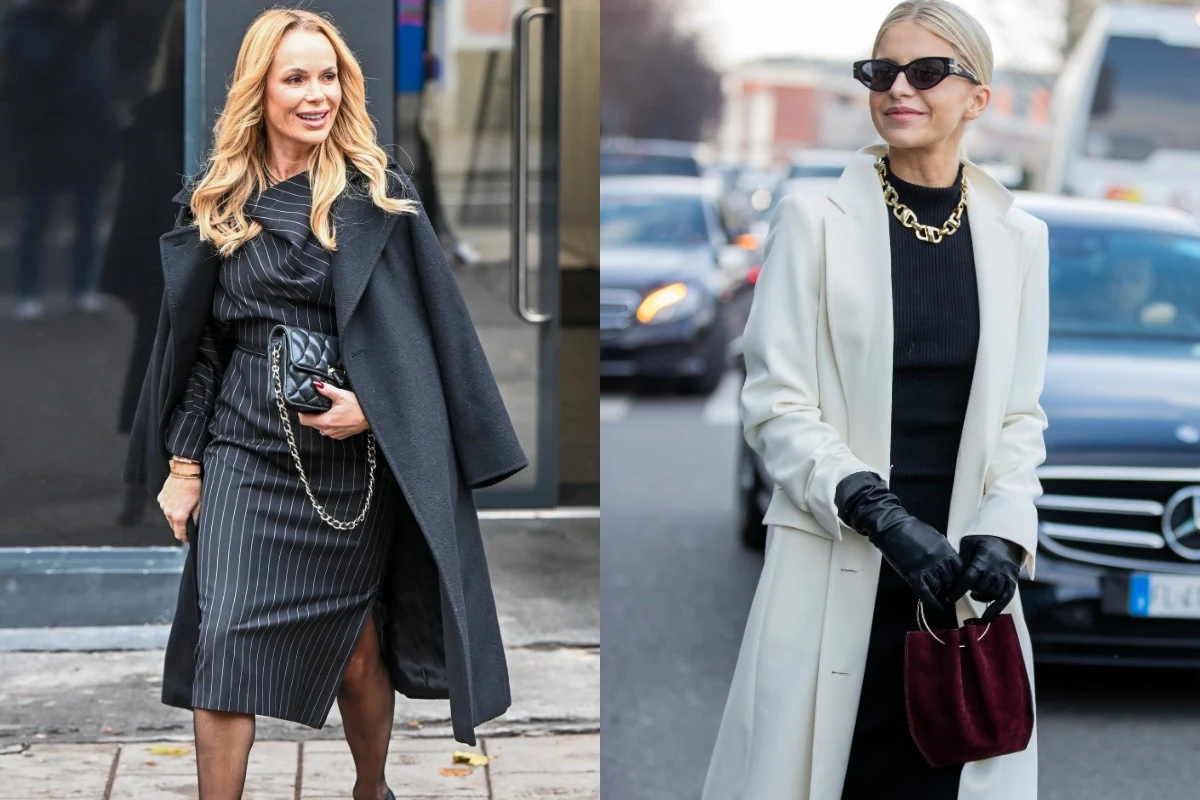 Stylizacje na Wigilię w pracy. Fot. Christian Vierig, MEGA/GC Images Dwie elegancko ubrane kobiety w płaszczach, pierwsza w ciemnoszarym płaszczu i czarnej sukience w prążki z torebką na łańcuszku, druga w białym płaszczu, czarnej sukience, okularach przeciwsłonecznych i czarnych rękawiczkach, trzyma bordową torebkę, w ...