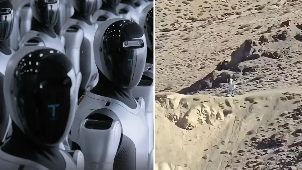 Chiński robot humanoidalny dostrzeżony na granicy z Indiami. Szpieg? Czarna grupa humanoidalnych robotów ustawionych w równych rzędach po lewej stronie, po prawej rozległy, jałowy, pustynny teren z samotną postacią ubraną na biało pośród skał.