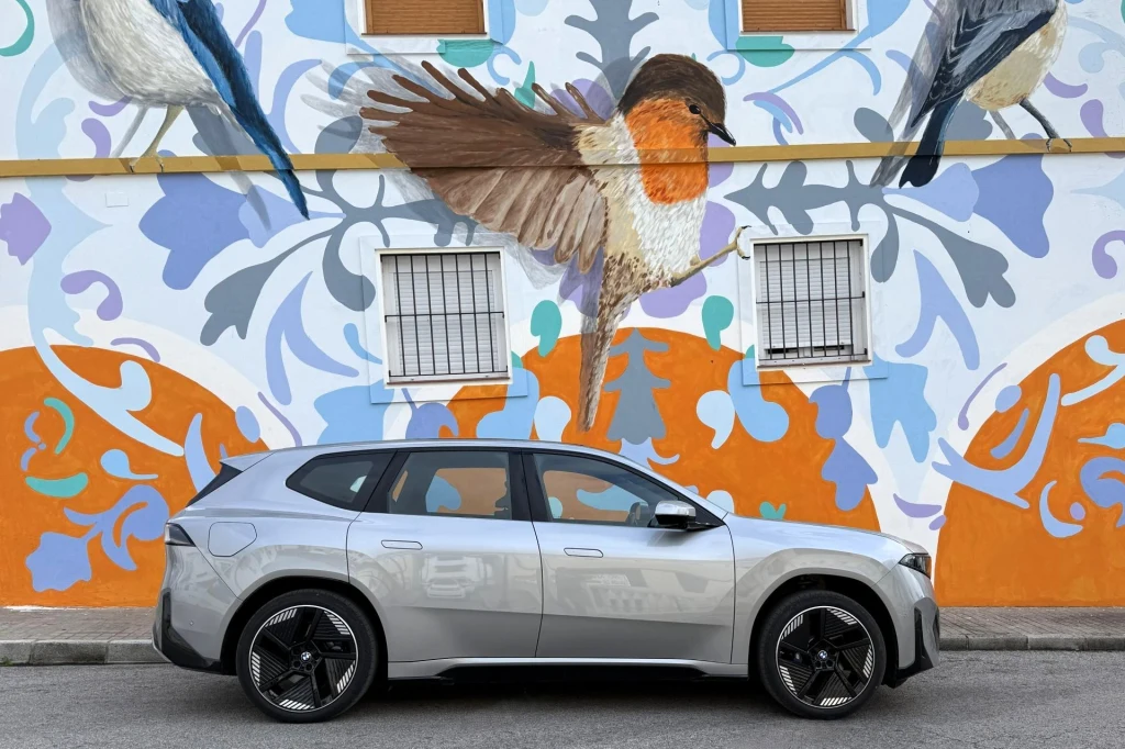 BMW iX3 dostępne jest obecnie w jednej wersji napędowej. Generuje 469 KM i 645 Nm. Moc przekazywana jest na wszystkie koła. Srebrny samochód typu SUV zaparkowany przy kolorowej ścianie budynku zdobionej wielkimi malowidłami przedstawiającymi ptaki i ozdobne motywy roślinne.